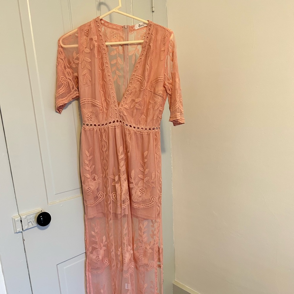 Pink lace maxi dress with shorts size small